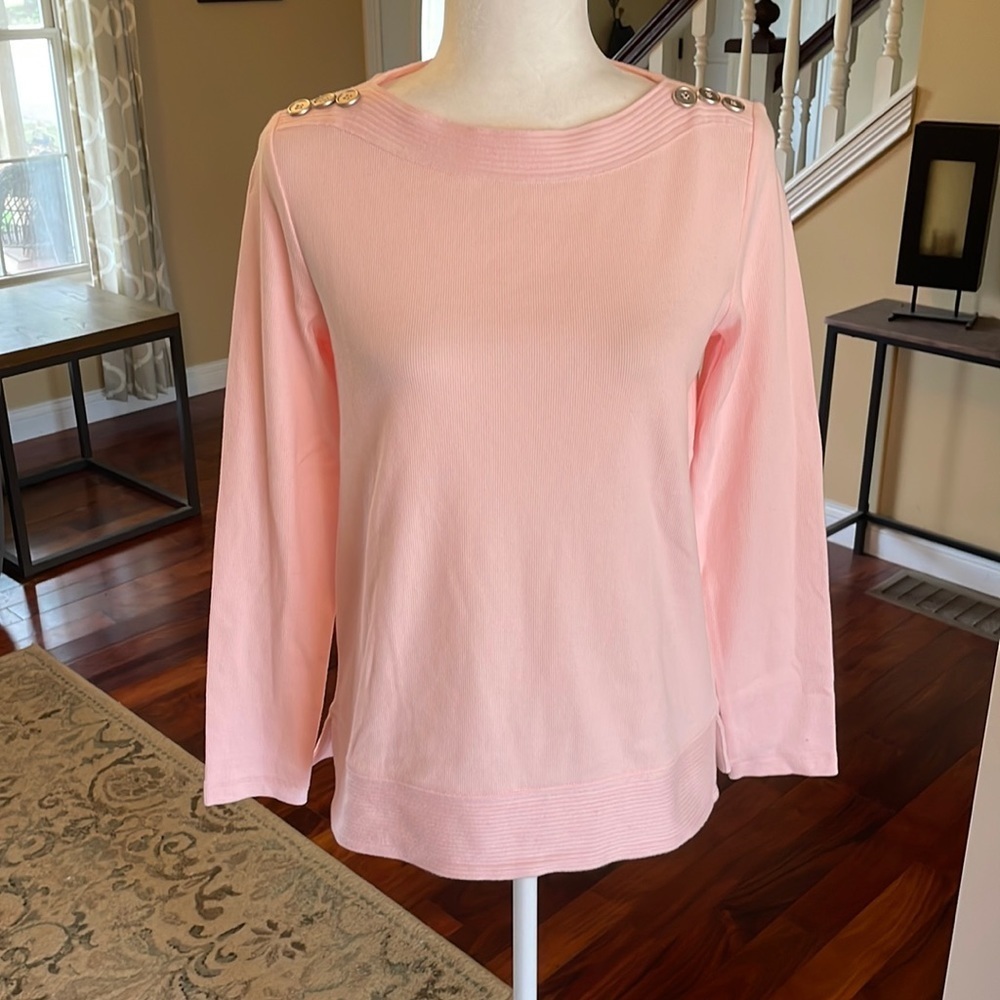Preswick & Moore long sleeve top with button detail on boat neck, pink, Size MP